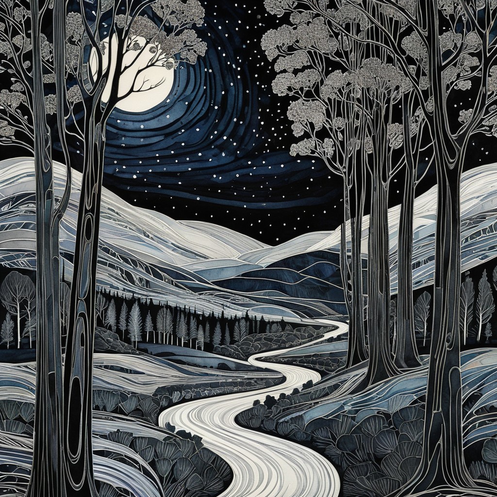 Serene Night Scene with River and Starry Sky