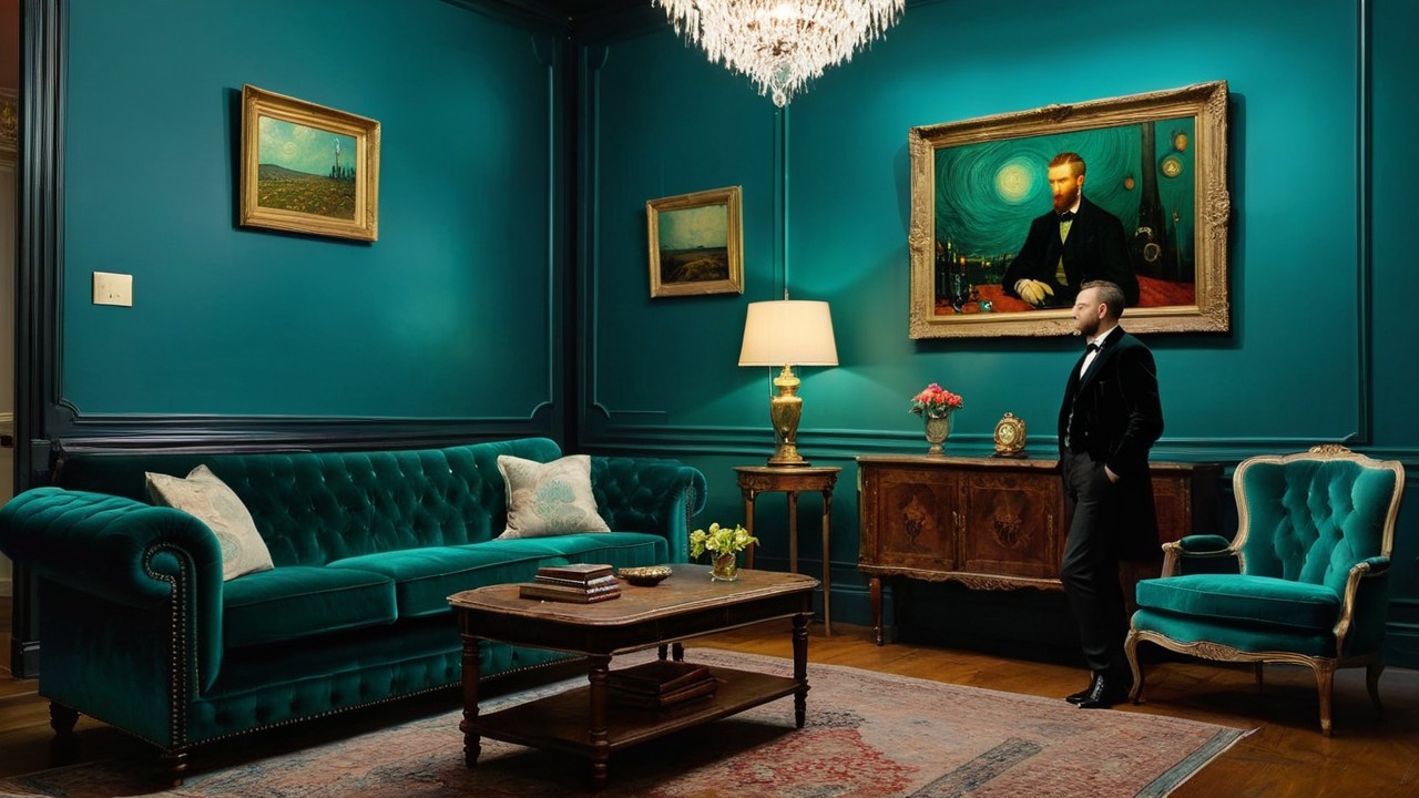 Luxuriously Decorated Room with Teal Walls and Velvet Furniture