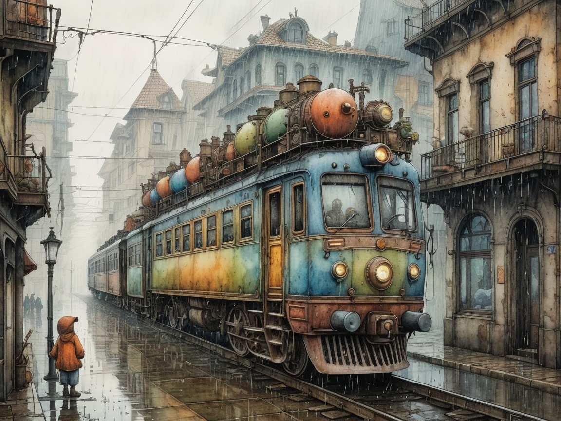 Vintage train at a rainy urban station with tanks