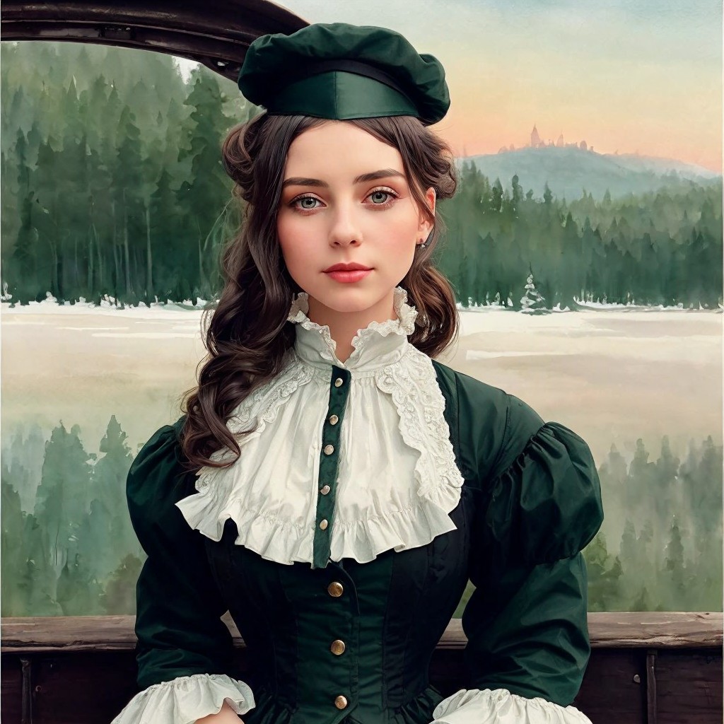 Vintage Green Dress in Serene Natural Landscape