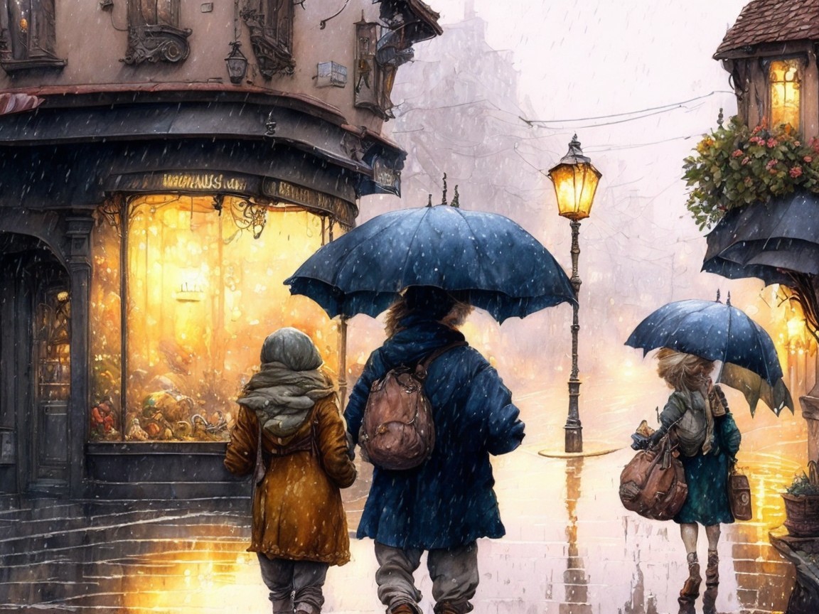 Cozy Rainy Street Scene with Umbrellas and Warm Light