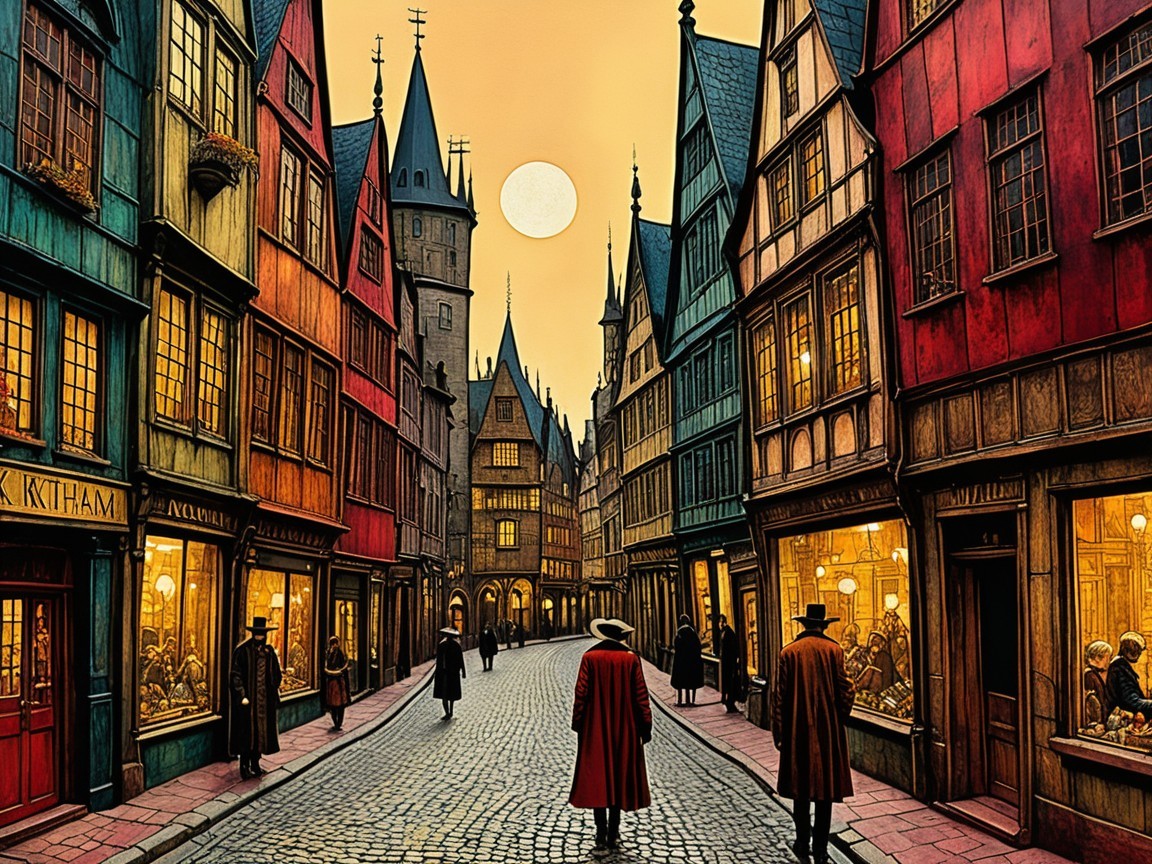 Medieval Town with Cobblestone Street and Timber Buildings