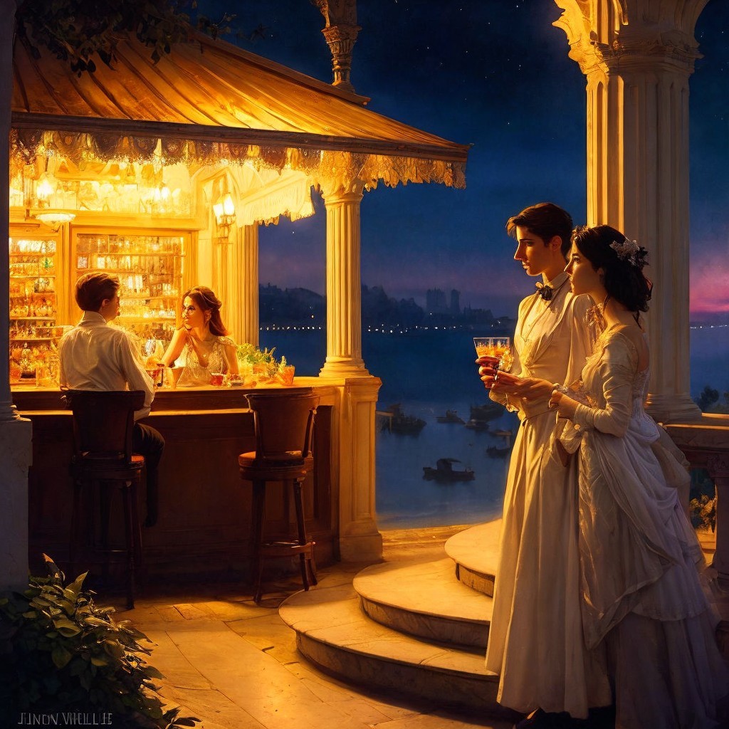 Romantic Outdoor Bar Scene with Elegant Couple
