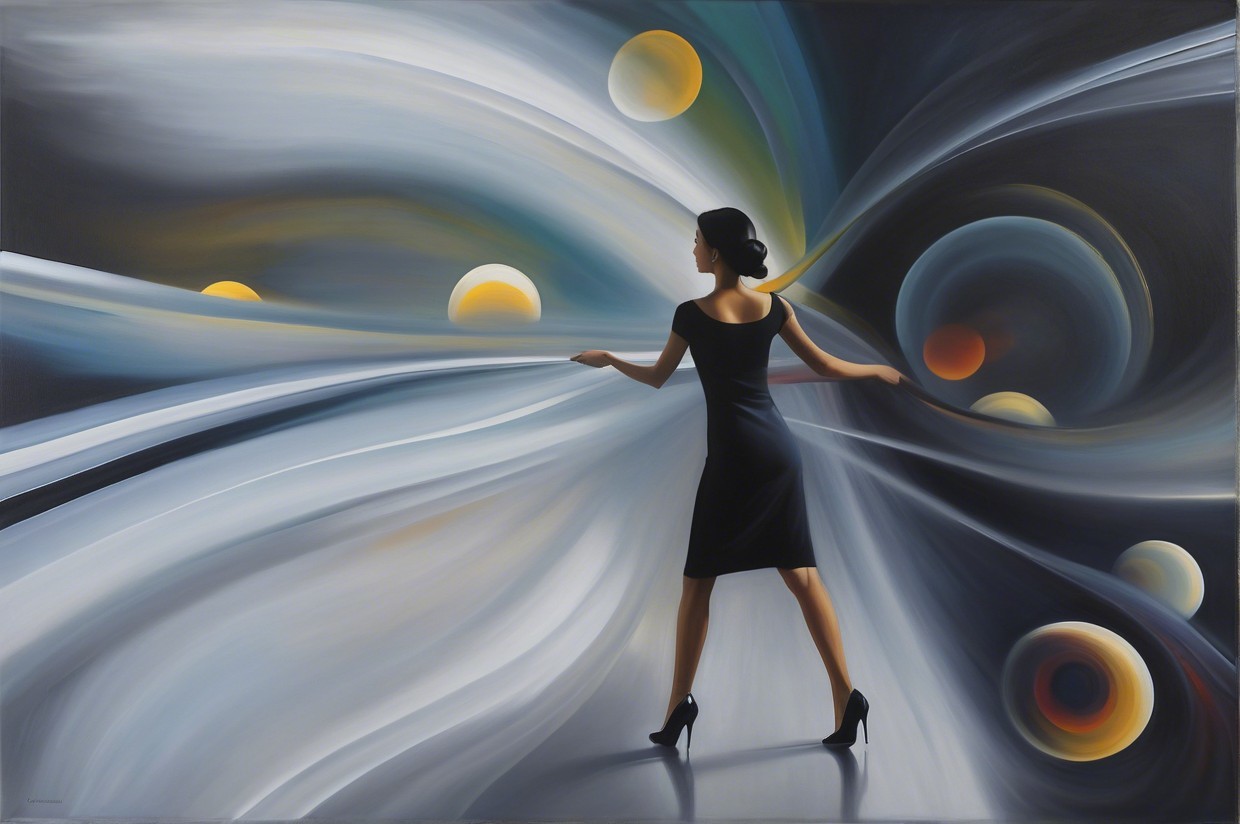 Woman in Black Dress Against Cosmic Color Backdrop