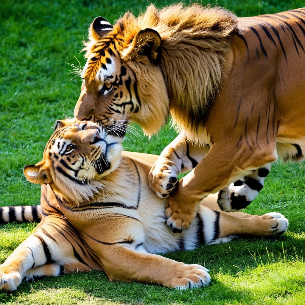 Tigers Playing on Lush Green Lawn in Sunlight