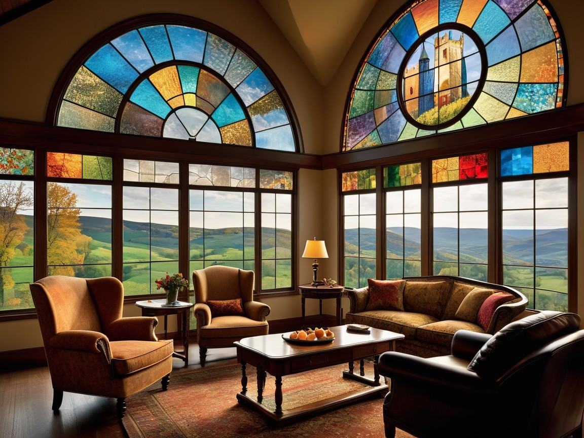 Cozy living room with stained glass windows and decor