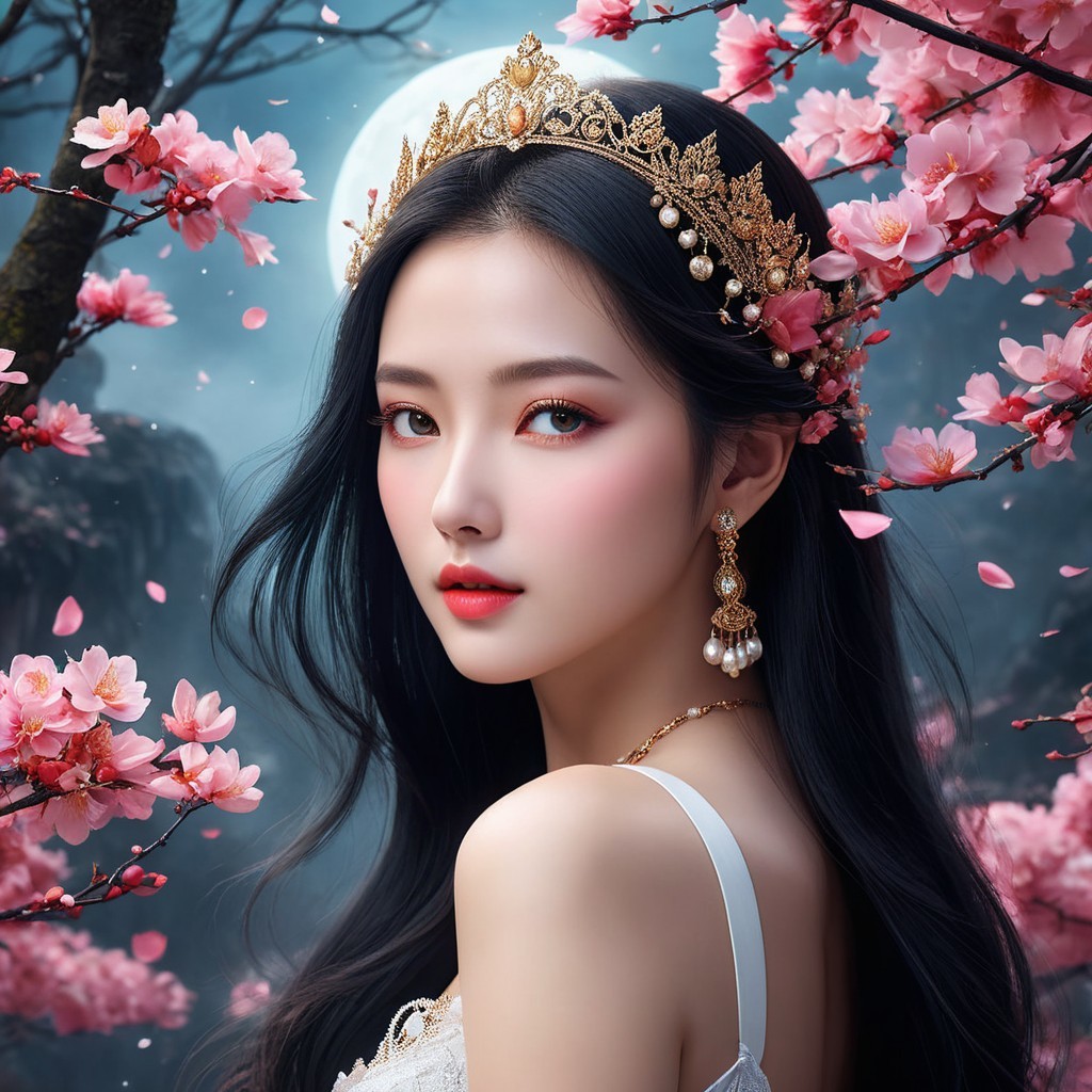 Young woman in crown with cherry blossoms backdrop