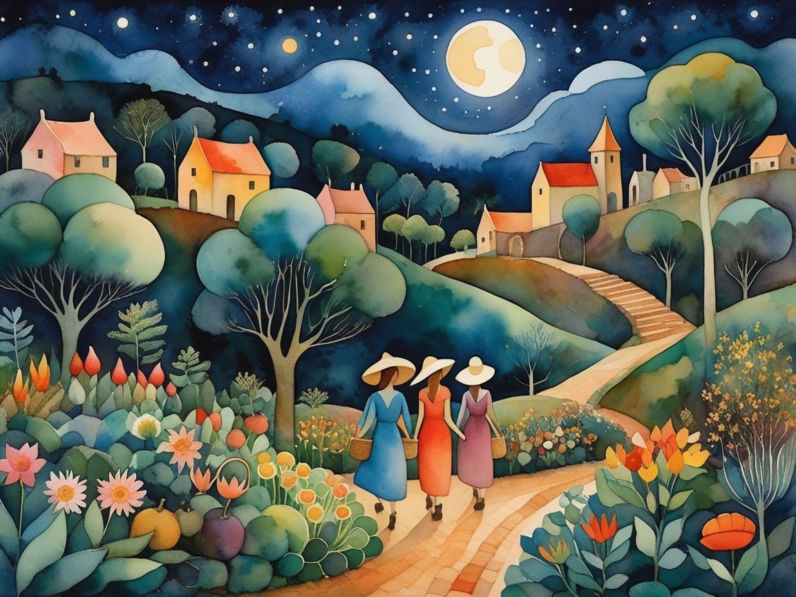 Three Women in Elegant Dresses Under Starry Night Sky