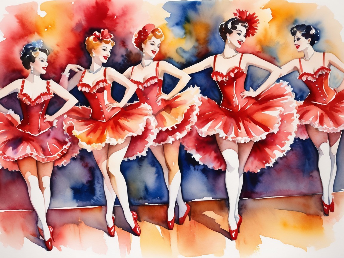 Vibrant Watercolor Illustration of Five Dancers