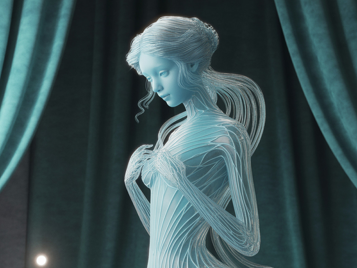 Translucent ethereal figure with light blue hues