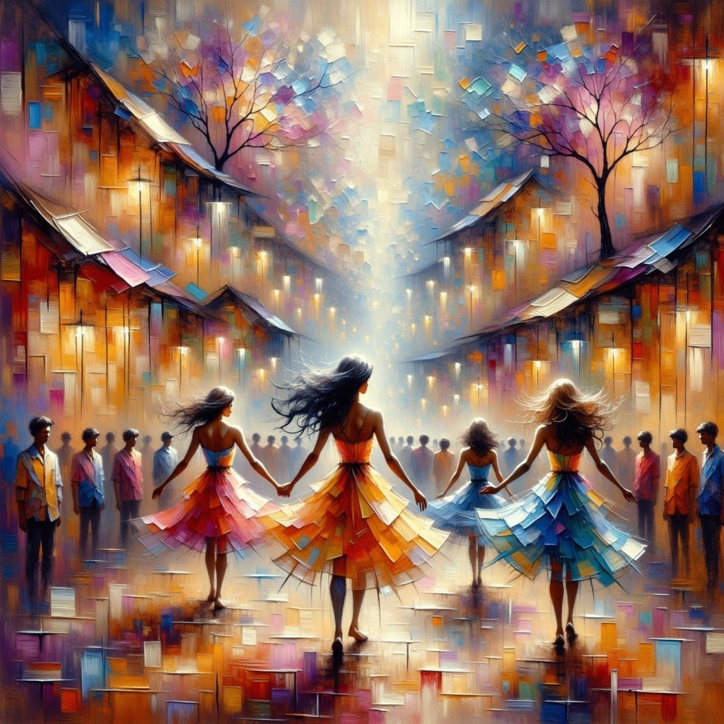 Ethereal Figures in Colorful Dresses on Vibrant Street