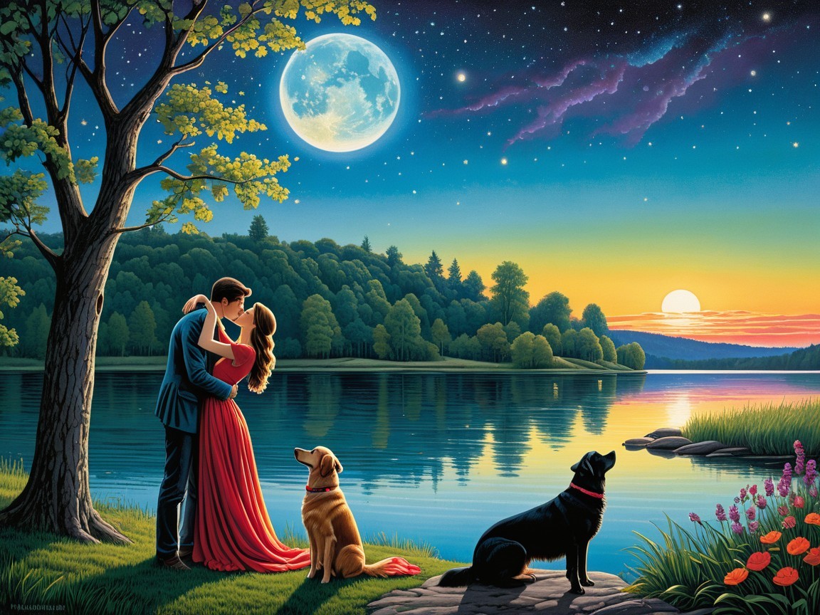 Romantic Lake Scene at Sunset with Embracing Couple