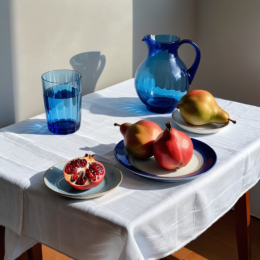 Bright Tabletop Scene with Pears and Pomegranate