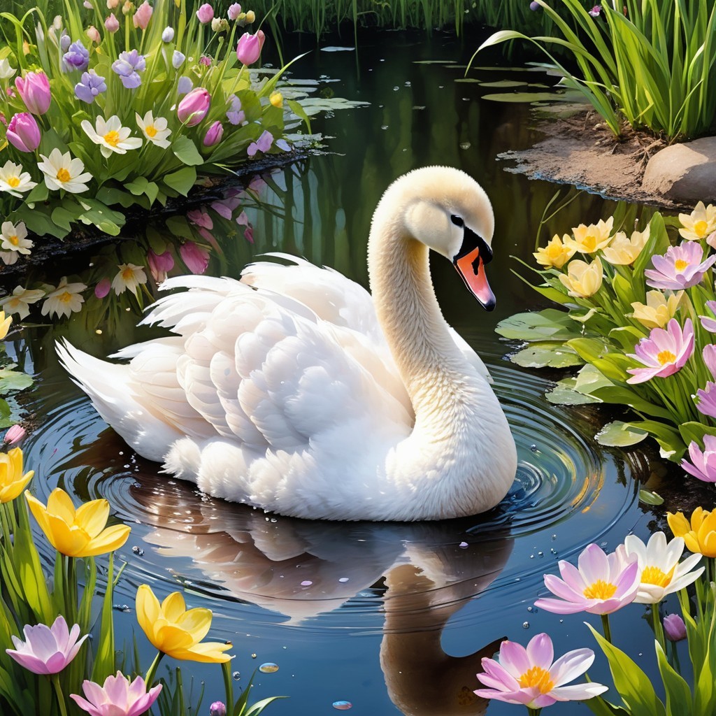 White Swan Gliding on a Tranquil Pond with Flowers