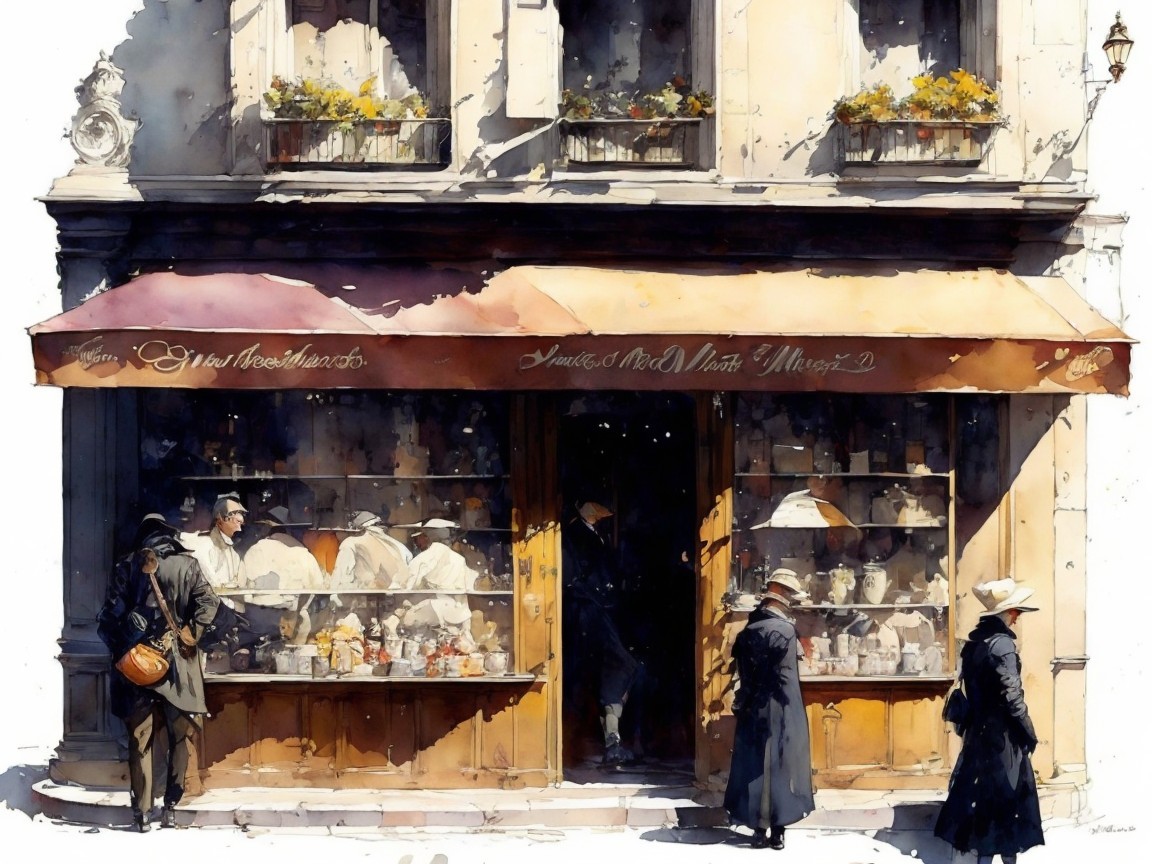 Vintage Shop Facade with Colorful Jars and Flowers