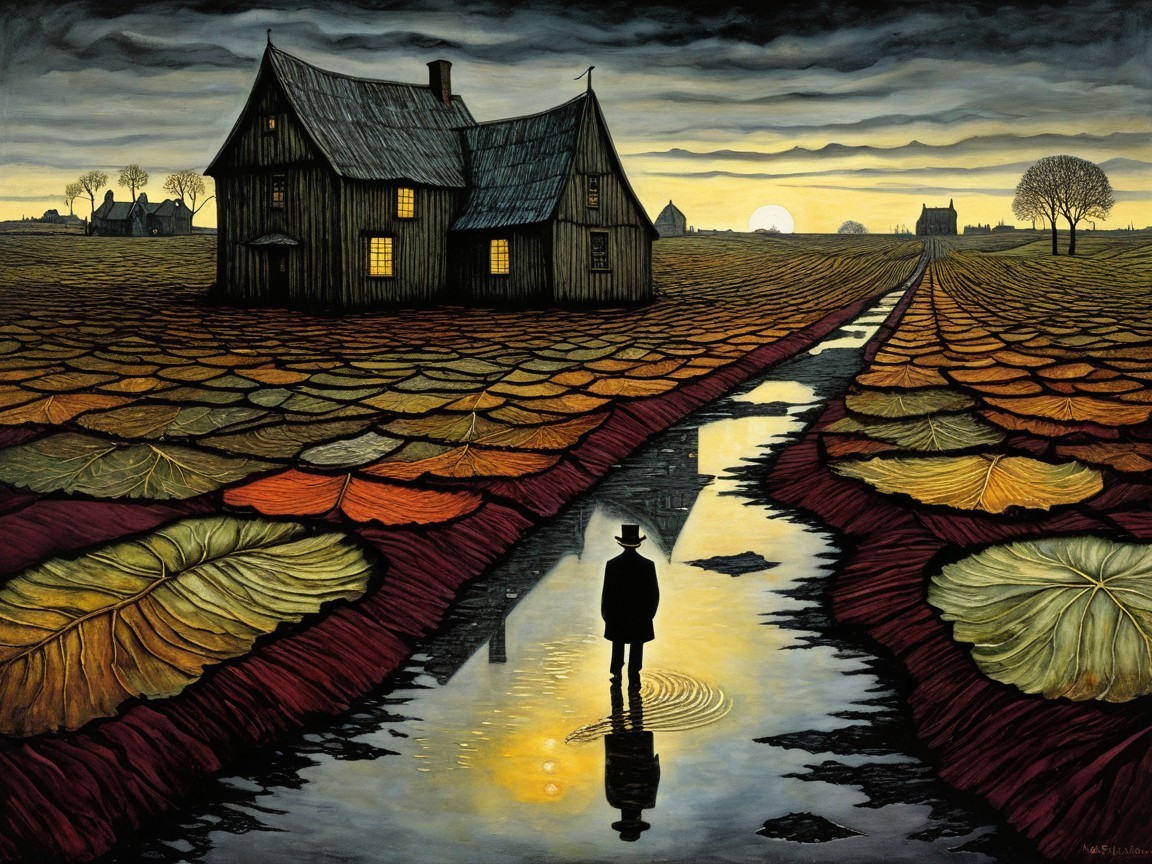 Surreal Landscape with Reflective Puddle and Lily Pads