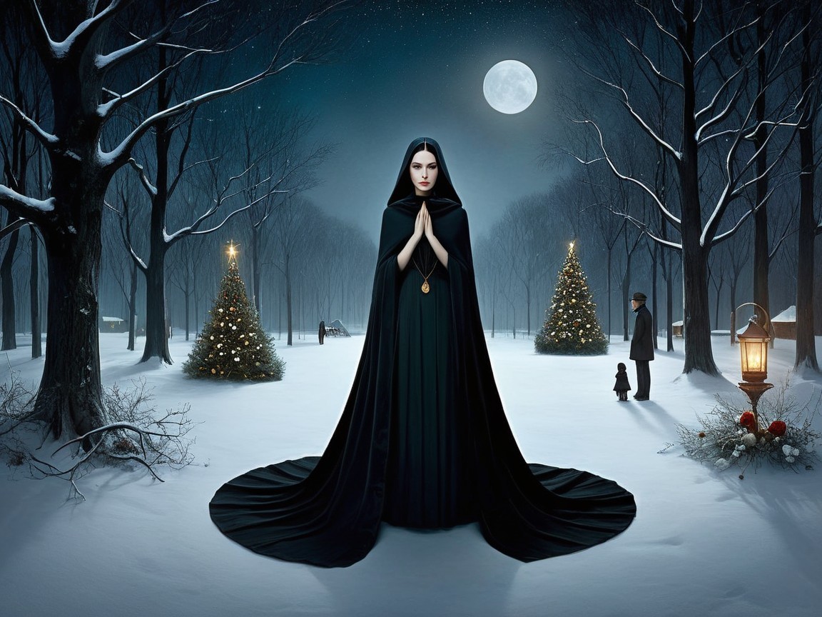 Snowy Landscape with Cloaked Woman and Christmas Trees