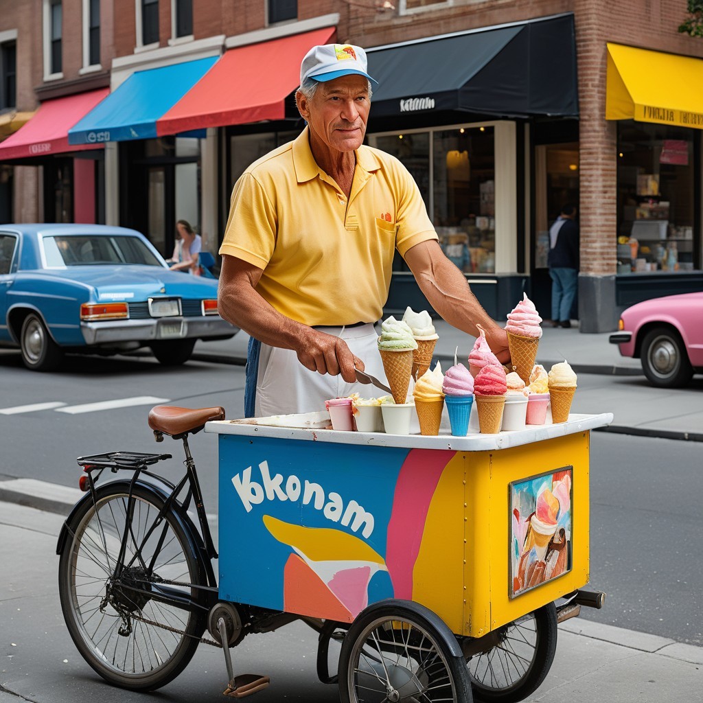 Cheerful Ice Cream Vendor with Colorful Tricycle Cart