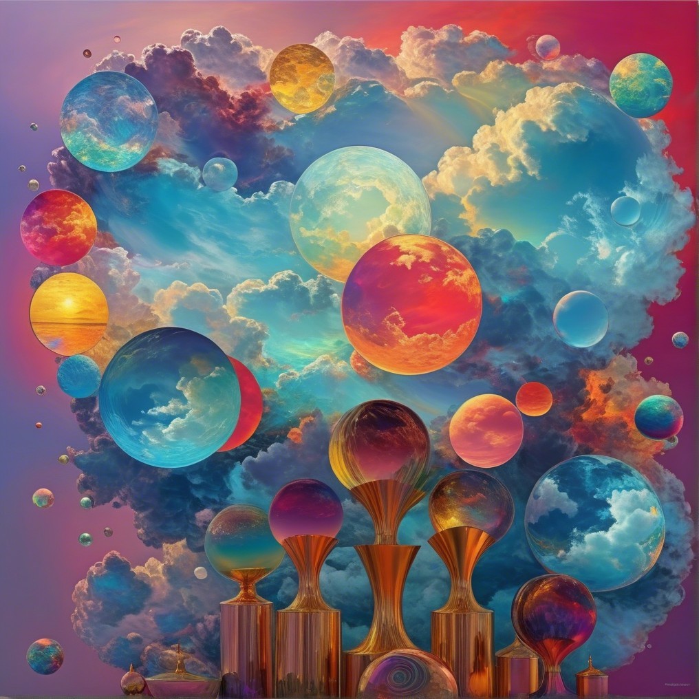 Surreal Landscape with Colorful Clouds and Vases