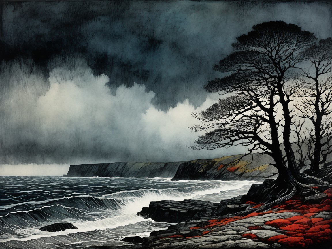 Dramatic Coastal Scene with Stormy Sky and Cliffs
