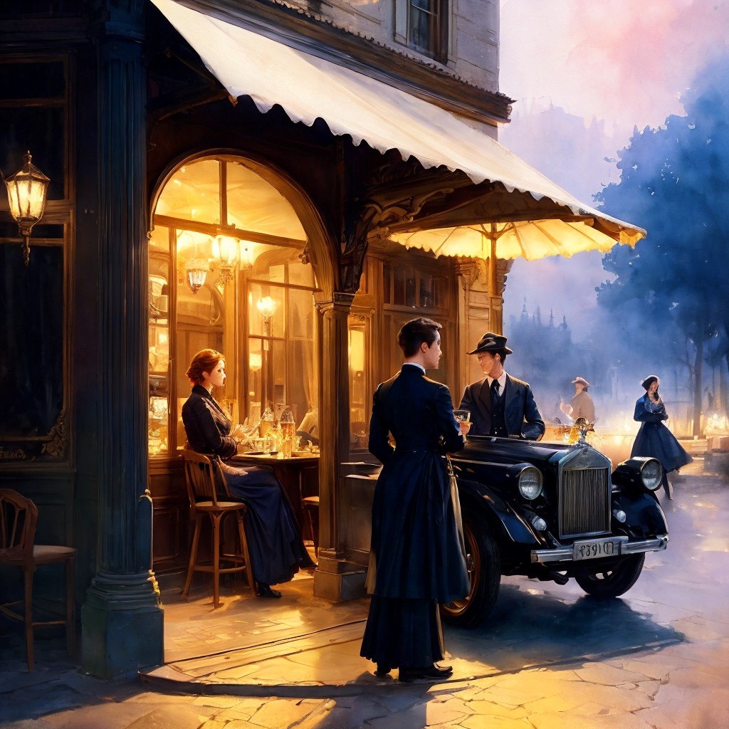 Vintage Café Scene with Elegant Women and Classic Car
