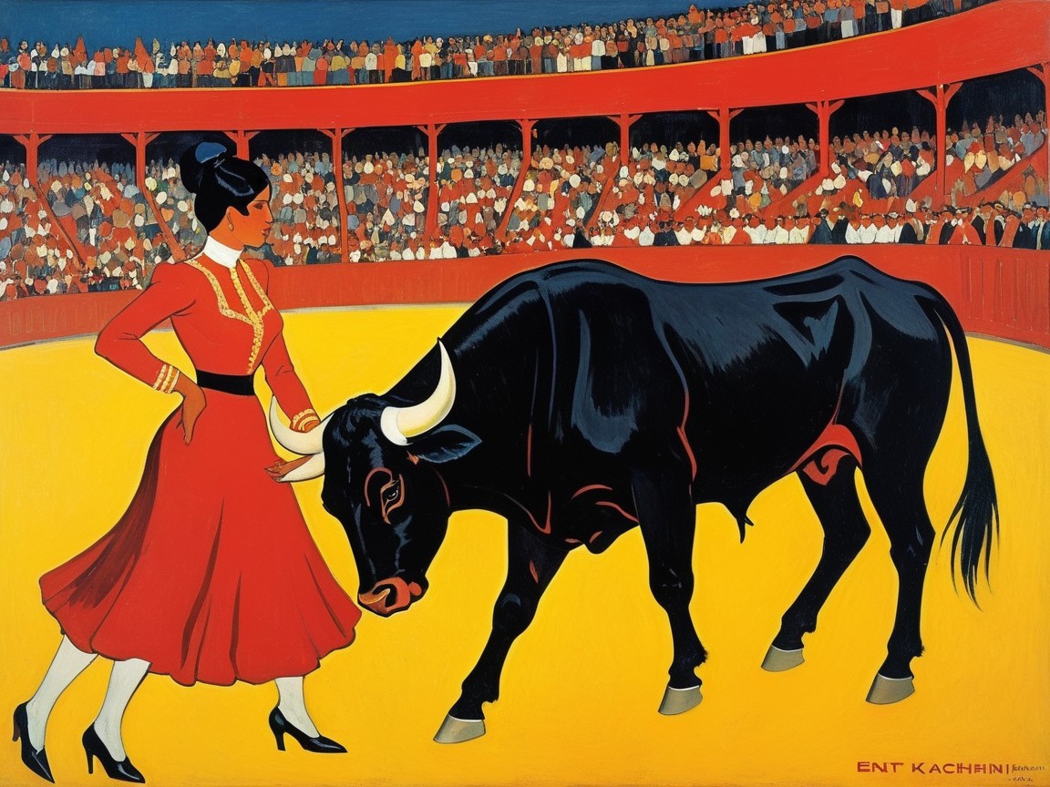 Bullfighter in Red Dress with Black Bull in Bullring