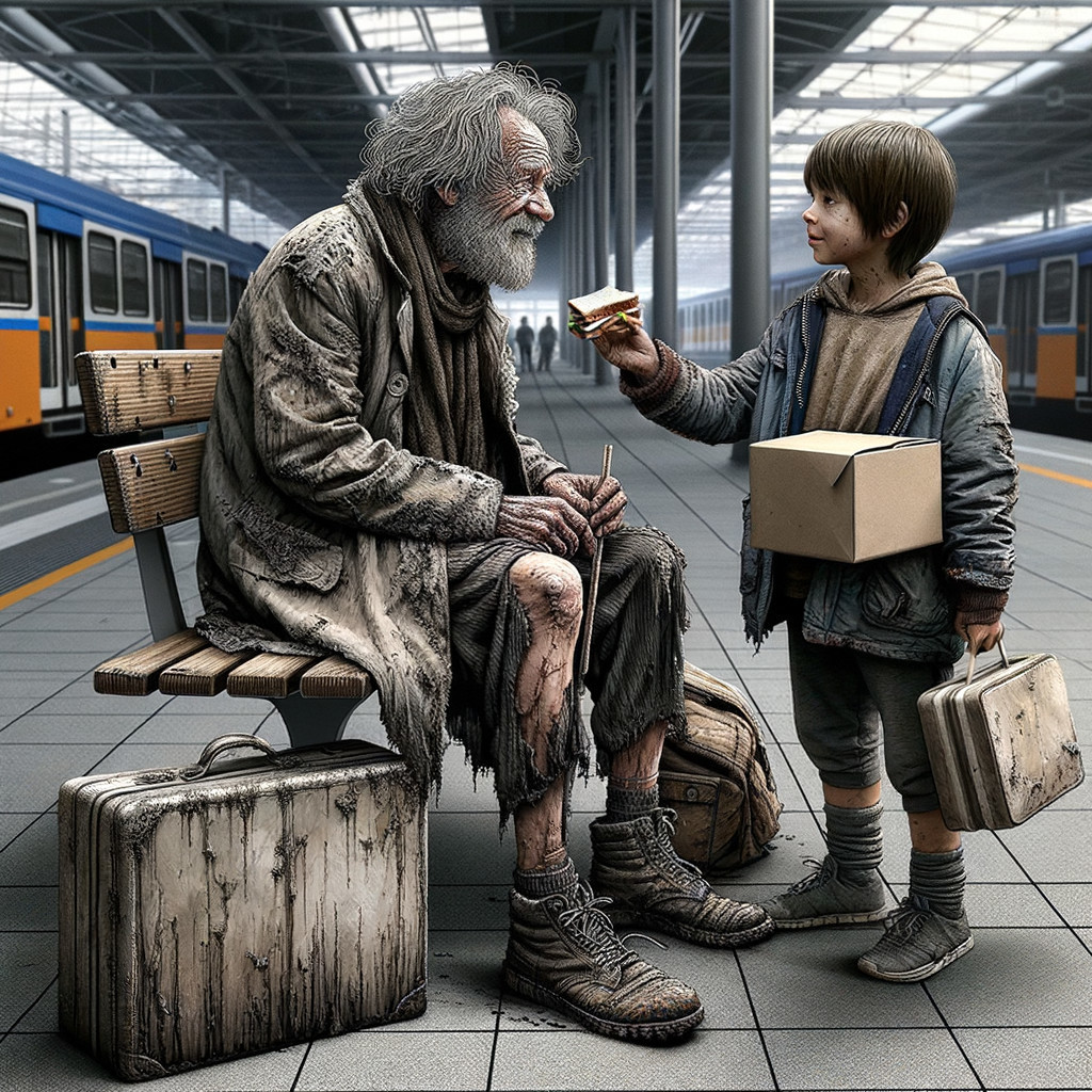 Elderly Man and Young Boy Share Moment at Train Station