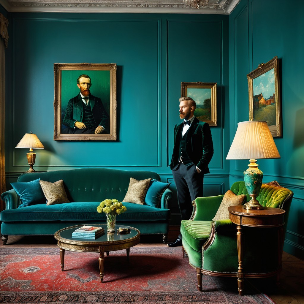 Teal-Walled Room with Elegant Furnishings and Lighting