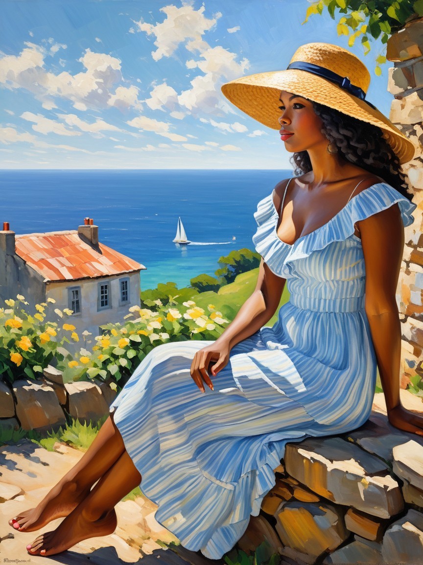 Woman in Blue Dress by Serene Coastal Scene