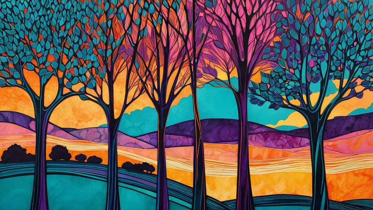 Vibrant Abstract Landscape with Colorful Trees and Hills