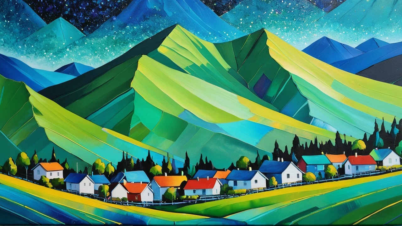 Vibrant Landscape with Starry Sky and Quaint Village