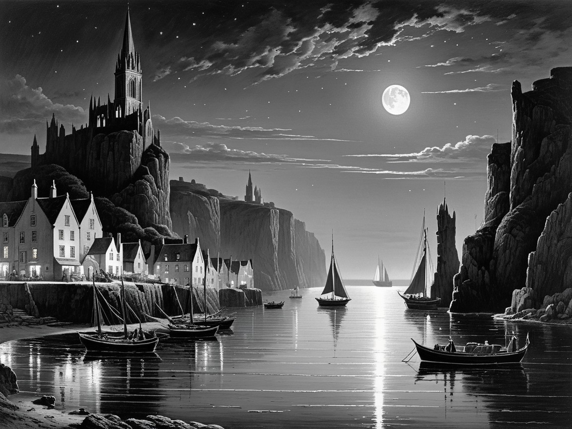 Black and white coastal village landscape with castle