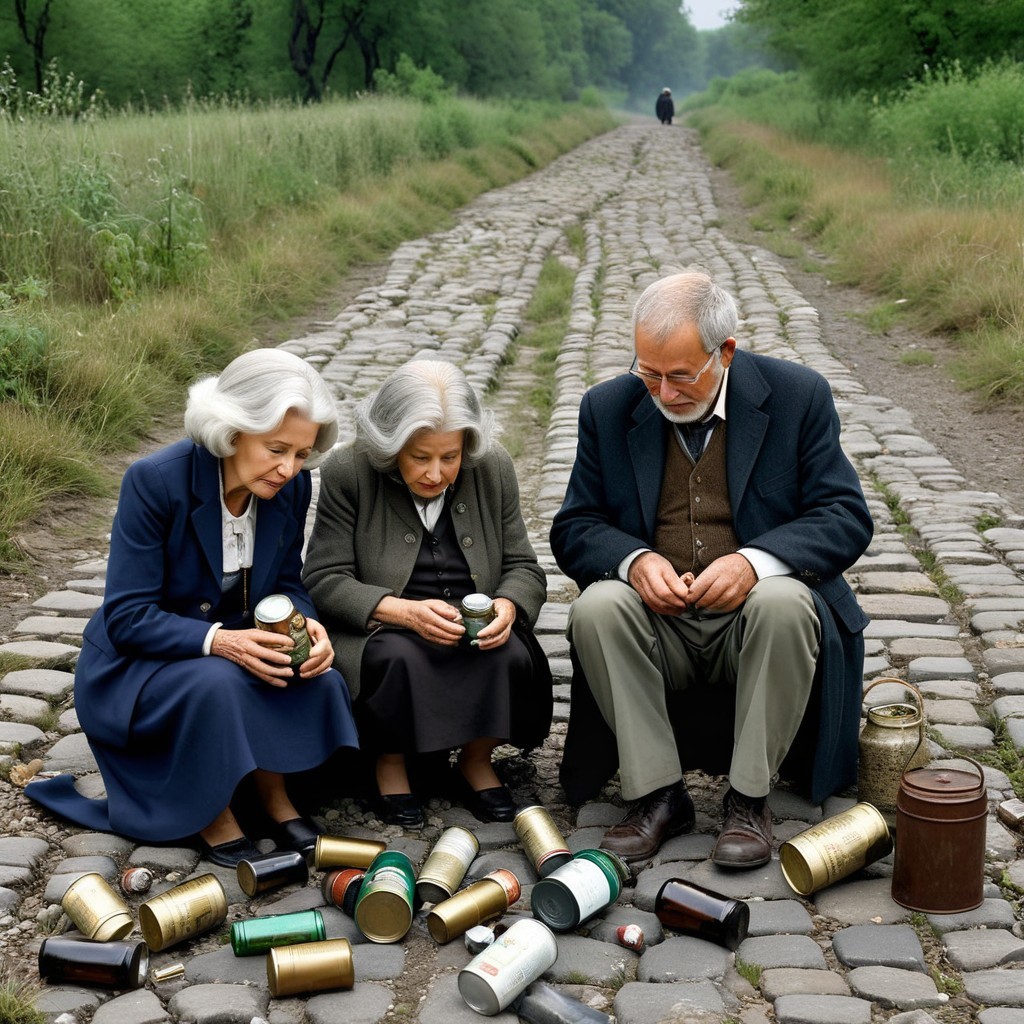 Elderly Trio Examining Jars in Overgrown Landscape