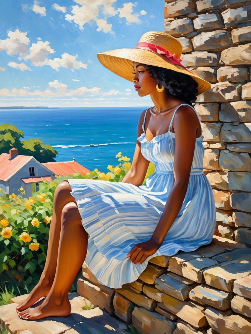 Black woman in sundress by ocean with flowers