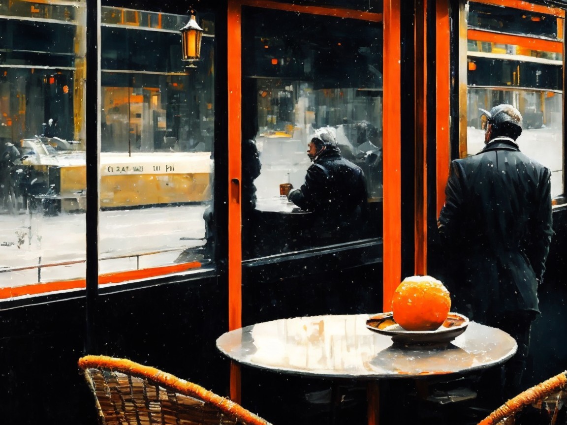 Cozy café with snowy street view and orange on table