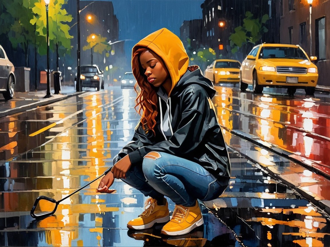 Young woman in yellow jacket on rainy city street
