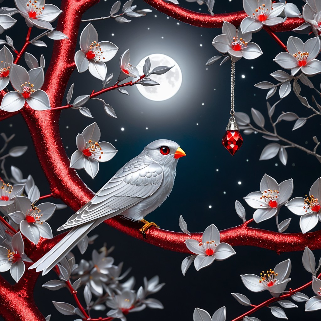 Serene Night Scene with Silver Bird and Red Tree