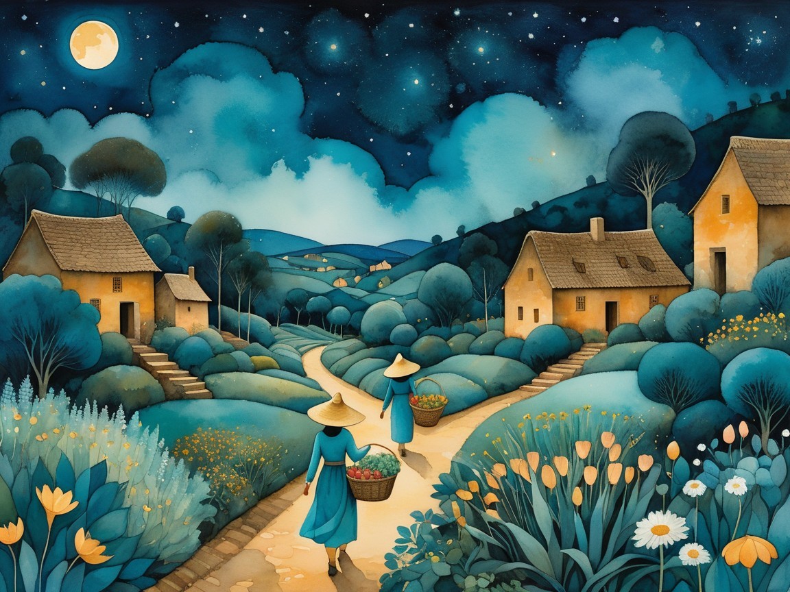 Nighttime Walk of Two Women in Blue Dresses