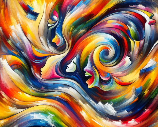 Vibrant Abstract Painting with Swirling Colors and Faces