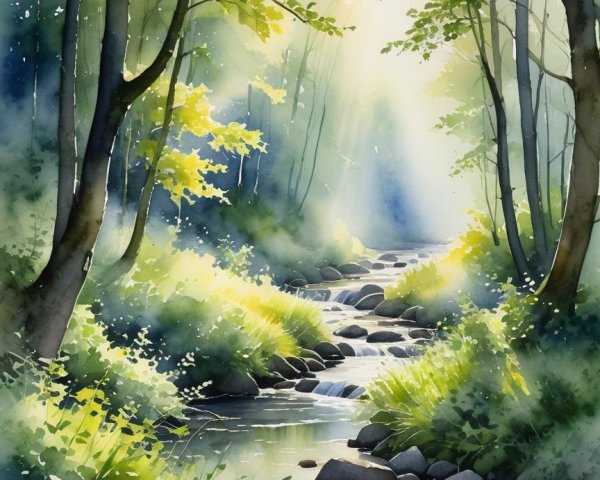 Serene Forest Scene with Sunlight and Gentle Stream