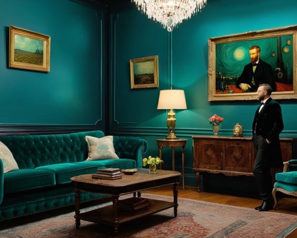 Luxuriously Decorated Room with Teal Walls and Velvet Furniture