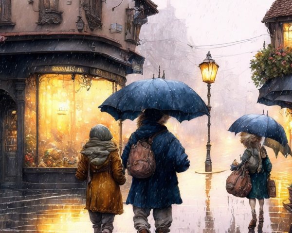 Cozy Rainy Street Scene with Umbrellas and Warm Light