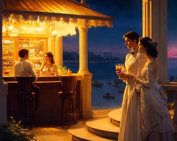 Romantic Outdoor Bar Scene with Elegant Couple
