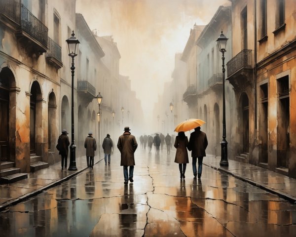 Misty Street Scene with Pedestrians and Vintage Lampposts