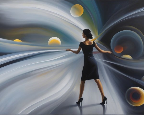 Woman in Black Dress Against Cosmic Color Backdrop