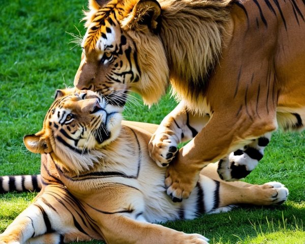 Tigers Playing on Lush Green Lawn in Sunlight