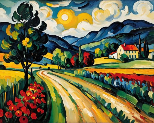 Vibrant Landscape with Winding Road and Colorful Fields