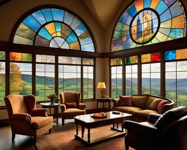 Cozy living room with stained glass windows and decor