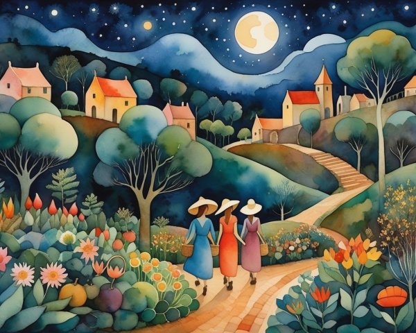 Three Women in Elegant Dresses Under Starry Night Sky