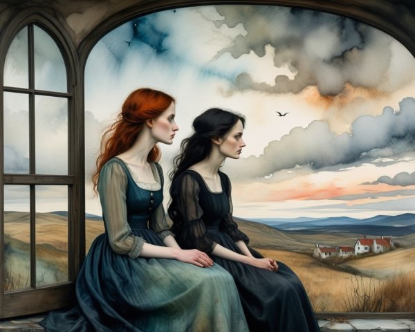 Women in Window Overlooking Serene Landscape at Sunset
